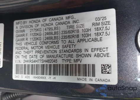 2025 Honda Cr-V Ex-L Awd z USA, uszkodzony, nr VIN 2HKRS4H77SH482045